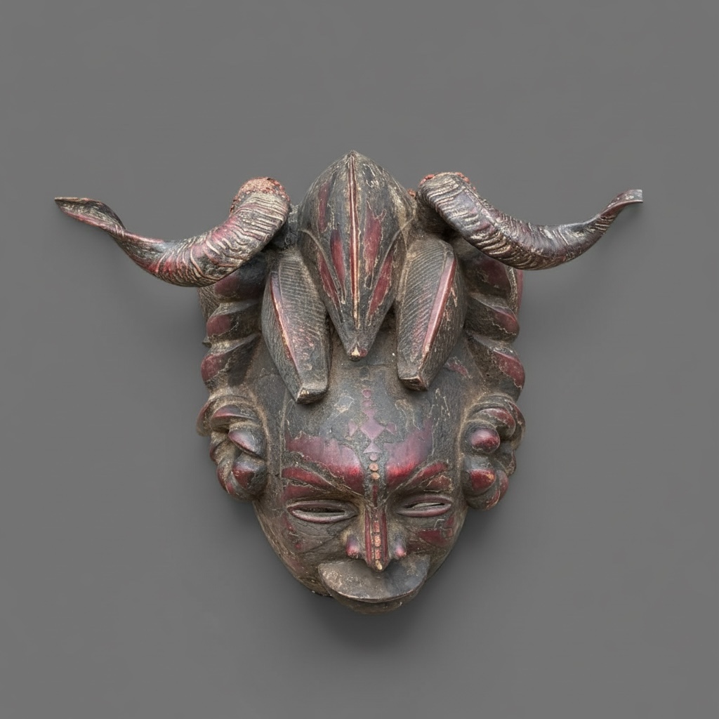 24” Vintage Ejagham Cross River Horned Mask – Nigeria / Cameroon