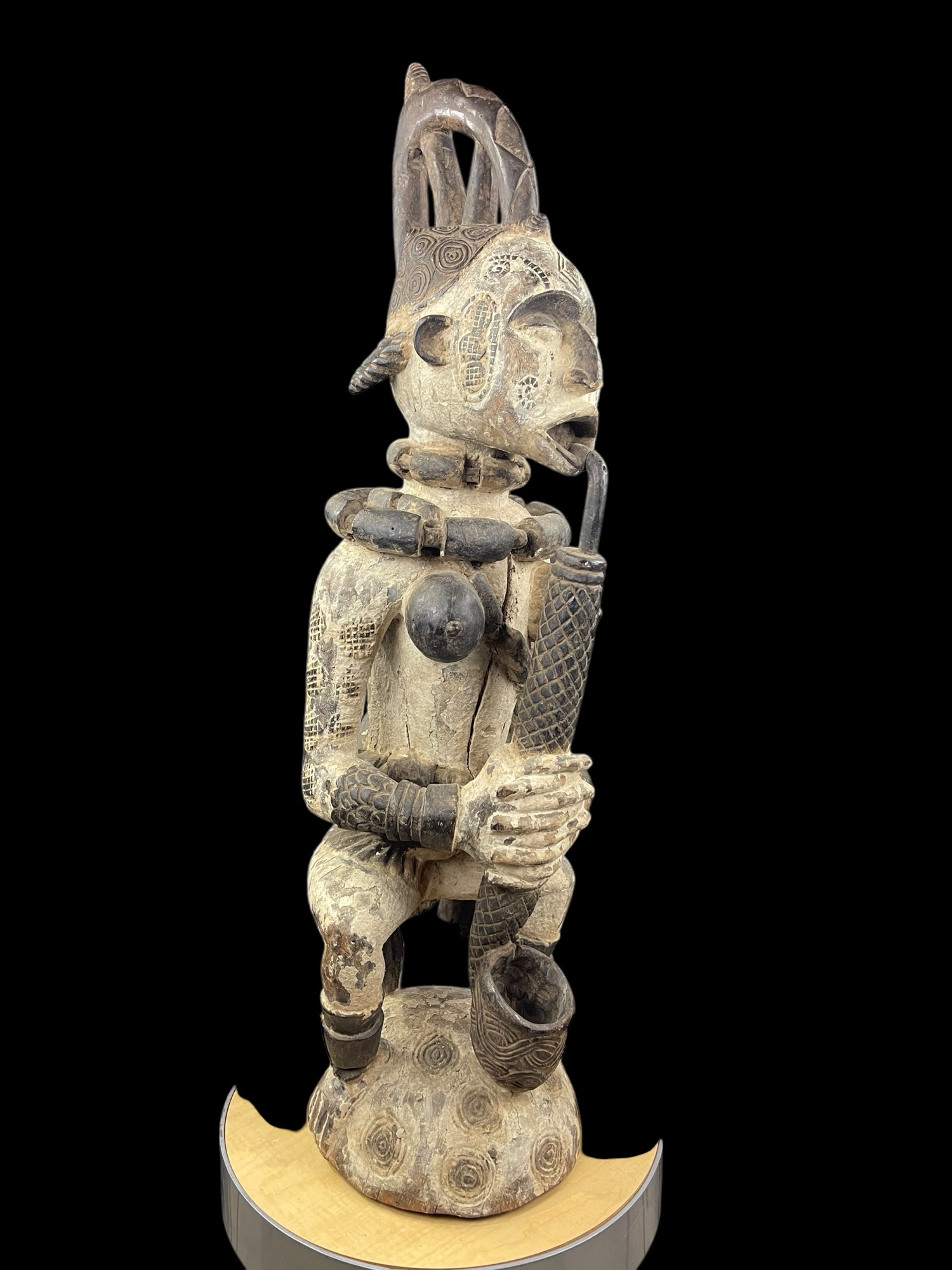 Large 3.5 Ft Vintage Nigerian Polychrome Ceremonial Pipe-Player Statue - Image 2