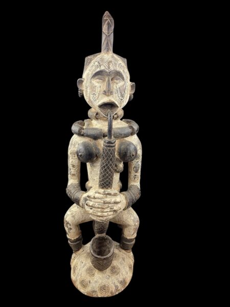 Large 3.5 Ft Vintage Nigerian Polychrome Ceremonial Pipe-Player Statue